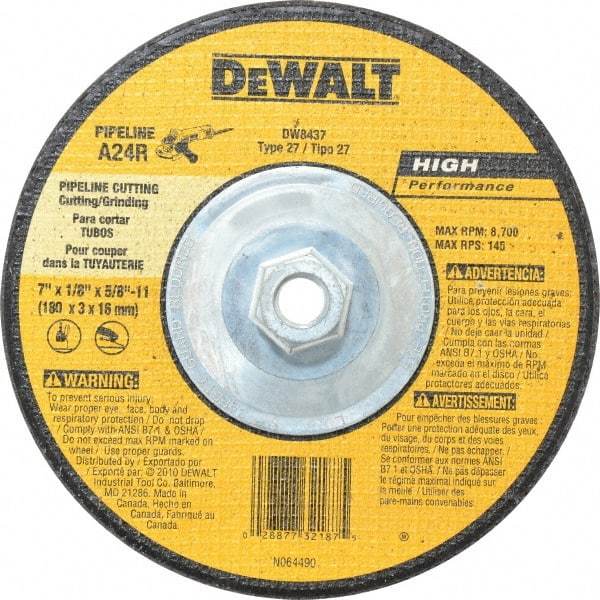 DeWALT - 24 Grit, 7" Wheel Diam, 1/8" Wheel Thickness, Type 27 Depressed Center Wheel - Aluminum Oxide, R Hardness, 8,700 Max RPM, Compatible with Angle Grinder - Americas Industrial Supply