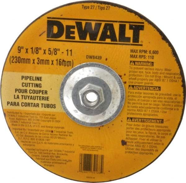 DeWALT - 24 Grit, 9" Wheel Diam, 1/8" Wheel Thickness, Type 27 Depressed Center Wheel - Aluminum Oxide, R Hardness, 6,600 Max RPM, Compatible with Angle Grinder - Americas Industrial Supply