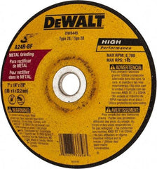 DeWALT - 24 Grit, 7" Wheel Diam, 1/4" Wheel Thickness, 7/8" Arbor Hole, Type 28 Depressed Center Wheel - Aluminum Oxide, R Hardness, 8,700 Max RPM - Americas Industrial Supply