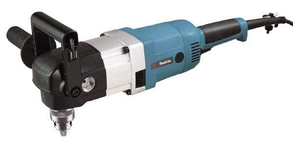 Makita - 1/2" Keyed Chuck, 300 & 1,200 RPM, Angled Handle Electric Drill - 10 Amps, 115 Volts, Reversible, Includes Chuck Key, Drill Chuck, Hex Wrench, Key Holder, Side Handle, Tool Case - Americas Industrial Supply