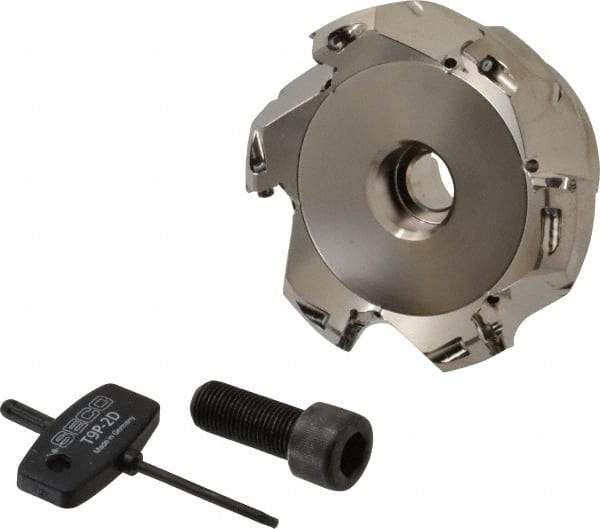 Seco - 3.15" Cut Diam, 1" Arbor Hole, 0.18" Max Depth of Cut, 45° Indexable Chamfer & Angle Face Mill - 6 Inserts, SE.. 09T3 Insert, Right Hand Cut, 6 Flutes, Through Coolant, Series R220.53 - Americas Industrial Supply