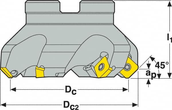 Seco - 1.57" Cut Diam, 3/4" Arbor Hole, 0.18" Max Depth of Cut, 45° Indexable Chamfer & Angle Face Mill - 4 Inserts, SE.. 09T3 Insert, Right Hand Cut, 4 Flutes, Through Coolant, Series R220.53 - Americas Industrial Supply