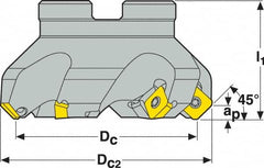 Seco - 1.57" Cut Diam, 3/4" Arbor Hole, 0.18" Max Depth of Cut, 45° Indexable Chamfer & Angle Face Mill - 4 Inserts, SE.. 09T3 Insert, Right Hand Cut, 4 Flutes, Through Coolant, Series R220.53 - Americas Industrial Supply