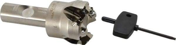 Seco - 45° Lead Angle, 1.65" Max Cut Diam, 0.18" Max Depth of Cut, Indexable Chamfer and Angle End Mill - 4 Inserts, SE.. 09T3 Insert Style, 3.54" Overall Length, Through Coolant - Americas Industrial Supply