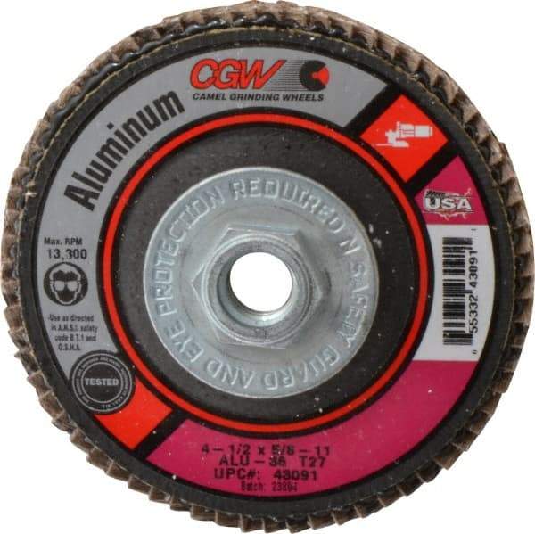 Camel Grinding Wheels - 36 Grit, 4-1/2" Disc Diam, 5/8-11 Center Hole, Type 27 Aluminum Oxide Flap Disc - 13,300 Max RPM, Polyester Backing, Arbor Attaching System, Coated - Americas Industrial Supply