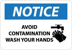 NMC - "Notice - Avoid Contamination - Wash Your Hands", 10" Long x 14" Wide, Aluminum Safety Sign - Rectangle, 0.04" Thick, Use for Restroom, Janitorial & Housekeeping - Americas Industrial Supply