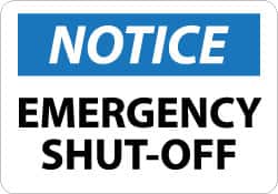 NMC - "Notice - Emergency Shut-Off", 10" Long x 14" Wide, Pressure-Sensitive Vinyl Safety Sign - Rectangle, 0.004" Thick, Use for Accident Prevention - Americas Industrial Supply