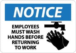 NMC - "Notice - Employees Must Wash Hands Before Returning to Work", 10" Long x 14" Wide, Aluminum Safety Sign - Rectangle, 0.04" Thick, Use for Restroom, Janitorial & Housekeeping - Americas Industrial Supply