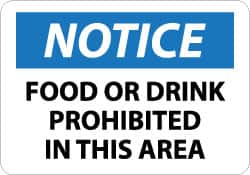 NMC - "Notice - Food or Drink Prohibited in This Area", 10" Long x 14" Wide, Pressure-Sensitive Vinyl Safety Sign - Rectangle, 0.004" Thick, Use for Accident Prevention - Americas Industrial Supply