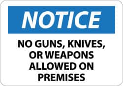 NMC - "Notice - No Guns, Knives or Weapons Allowed on Premises", 10" Long x 14" Wide, Pressure-Sensitive Vinyl Safety Sign - Rectangle, 0.004" Thick, Use for Security & Admittance - Americas Industrial Supply