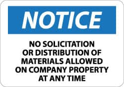 NMC - "Notice - No Solicitation or Distribution of Materials Allowed on Company Property at Any Time", 10" Long x 14" Wide, Aluminum Safety Sign - Rectangle, 0.04" Thick, Use for Security & Admittance - Americas Industrial Supply