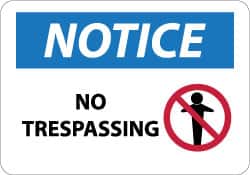 NMC - "Notice - No Trespassing", 10" Long x 14" Wide, Rigid Plastic Safety Sign - Rectangle, 0.05" Thick, Use for Security & Admittance - Americas Industrial Supply