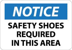 NMC - "Notice - Safety Shoes Required in This Area", 10" Long x 14" Wide, Pressure-Sensitive Vinyl Safety Sign - Rectangle, 0.004" Thick, Use for Accident Prevention - Americas Industrial Supply
