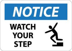 NMC - "Notice - Watch Your Step", 10" Long x 14" Wide, Pressure-Sensitive Vinyl Safety Sign - Rectangle, 0.004" Thick, Use for Accident Prevention - Americas Industrial Supply