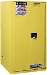 Justrite - 2 Door, 5 Shelf, Yellow Steel Standard Safety Cabinet for Flammable and Combustible Liquids - 65" High x 34" Wide x 34" Deep, Manual Closing Door, 3 Point Key Lock, 96 Gal Capacity - Americas Industrial Supply