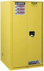 Justrite - 2 Door, 5 Shelf, Yellow Steel Standard Safety Cabinet for Flammable and Combustible Liquids - 65" High x 34" Wide x 34" Deep, Manual Closing Door, 3 Point Key Lock, 96 Gal Capacity - Americas Industrial Supply