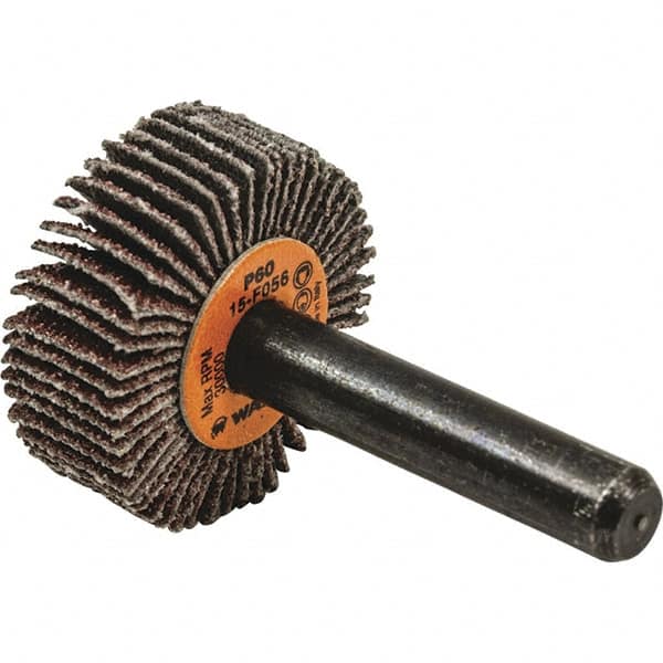 WALTER Surface Technologies - 1" Diam x 1" Face Width, Medium Aluminum Oxide Coated Mounted Flap Wheel - 1/4" Shank Mount, 60 Grit, Cloth Backing, 30,000 Max RPM - Americas Industrial Supply