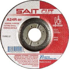 Sait - 24 Grit, 6" Wheel Diam, 1/8" Wheel Thickness, 7/8" Arbor Hole, Type 27 Depressed Center Wheel - Aluminum Oxide, Resinoid Bond, R Hardness, 10,200 Max RPM, Compatible with Angle Grinder - Americas Industrial Supply