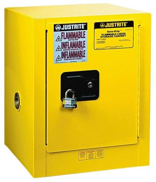 Justrite - 1 Door, 1 Shelf, Yellow Steel Bench Top Safety Cabinet for Flammable and Combustible Liquids - 22" High x 17" Wide x 17" Deep, Manual Closing Door, 4 Gal Capacity - Americas Industrial Supply