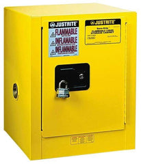 Justrite - 1 Door, 1 Shelf, Yellow Steel Bench Top Safety Cabinet for Flammable and Combustible Liquids - 22" High x 17" Wide x 17" Deep, Manual Closing Door, 4 Gal Capacity - Americas Industrial Supply