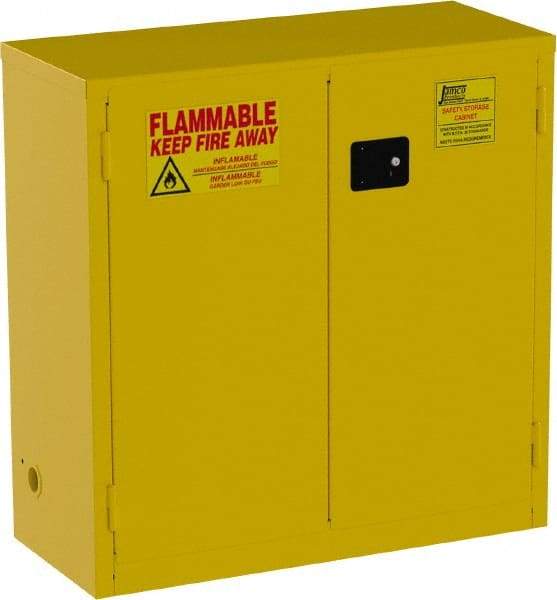 Jamco - 2 Door, 1 Shelf, Yellow Steel Standard Safety Cabinet for Flammable and Combustible Liquids - 44" High x 43" Wide x 18" Deep, Manual Closing Door, 3 Point Key Lock, 30 Gal Capacity - Americas Industrial Supply