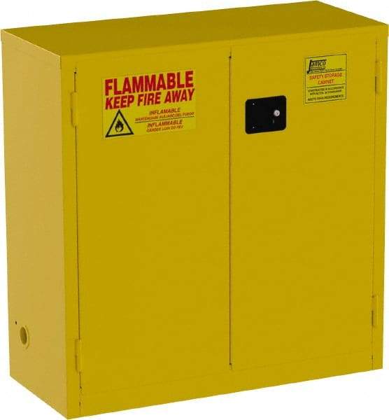 Jamco - 2 Door, 1 Shelf, Yellow Steel Standard Safety Cabinet for Flammable and Combustible Liquids - 44" High x 43" Wide x 18" Deep, Self Closing Door, 3 Point Key Lock, 30 Gal Capacity - Americas Industrial Supply