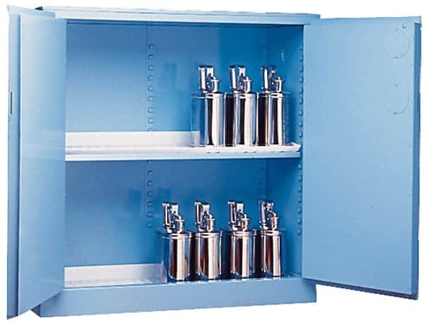 Justrite - 2 Door, 2 Shelf, Blue Steel Standard Safety Cabinet for Corrosive Chemicals - 65" High x 34" Wide x 34" Deep, Manual Closing Door, 3 Point Key Lock, 60 Gal Capacity - Americas Industrial Supply