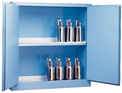Justrite - 2 Door, 2 Shelf, Blue Steel Standard Safety Cabinet for Corrosive Chemicals - 65" High x 34" Wide x 34" Deep, Manual Closing Door, 3 Point Key Lock, 60 Gal Capacity - Americas Industrial Supply