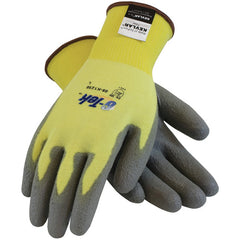 09-K1250/S Gloves w/Kevlar Brand - G-Tek KEV - Yellow 15G Kevlar/Lycra Seamless Knit - Gray PU Grip A2 - Exact Industrial Supply
