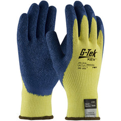 ‎09-K1310/XL Gloves w/Kevlar Brand - G-Tek KEV - 100% Kevlar 10G Yellow Shell - Blue Latex Crinkle Grip - A3 - Exact Industrial Supply