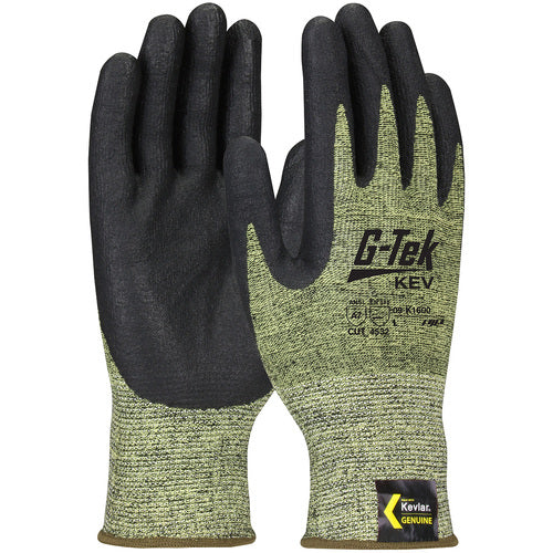 09-K1600/M Gloves w/Kevlar Brand - G-Tek KEV - Kevlar Engineered Yarn - Yel/Blk 13 Gauge - Nitrile Foam - A7 - Exact Industrial Supply
