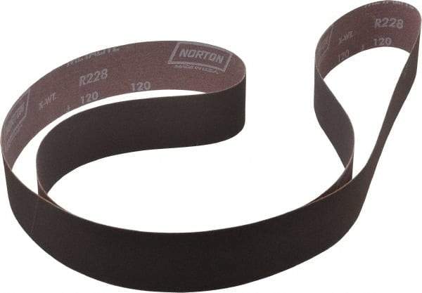 Norton - 2" Wide x 72" OAL, 120 Grit, Aluminum Oxide Abrasive Belt - Aluminum Oxide, Fine, Coated, X Weighted Cloth Backing, Series R228 - Americas Industrial Supply