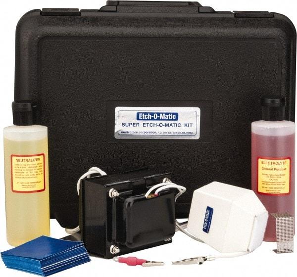 Etch-O-Matic - Electric Etcher - 10 Amp Kit, Includes 1 - 15-Volt, 10-Amp. Marker Unit With External Transformer; Adapter Clip For Deep Etch Marking; Ground Plate; 8 oz General Purpose Electrolyte; 8 oz Neutralizer; Extra Pads; 100 Pak Special Stencils - Americas Industrial Supply