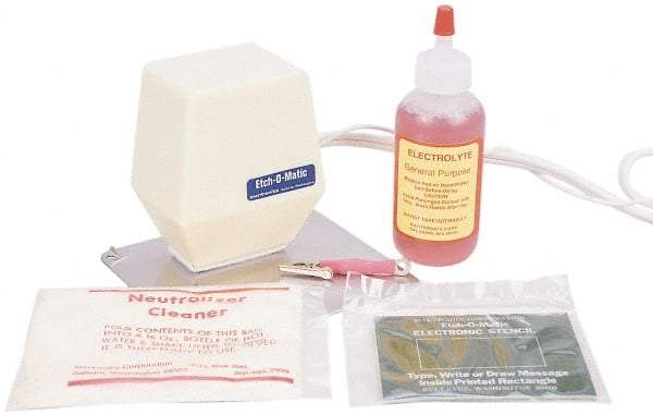 Etch-O-Matic - Electric Etcher - 2 Amp Kit, Includes ETCH-O-MATIC Marker With Standard Head Marking Size 7/8" X 13/4", Electrical Cord, Ground Plate, 2 Oz. Electrolyte Solution In Plastic Bottle, 10 Special Stencils, Neutralizer, Deep Etching Adapter Clip - Americas Industrial Supply