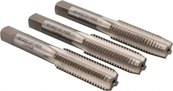 Interstate - M14x2.00 Metric Coarse, 4 Flute, Bottoming, Plug & Taper, Bright Finish, High Speed Steel Tap Set - Right Hand Cut, 3-19/32" OAL, 1-21/32" Thread Length - Americas Industrial Supply