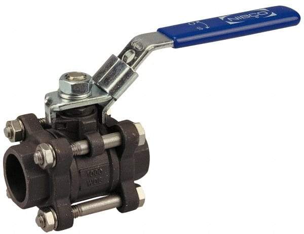 NIBCO - 1-1/4" Pipe, Full Port, Carbon Steel Standard Ball Valve - 3 Piece, Inline - One Way Flow, Socket Weld x Socket Weld Ends, Locking Lever Handle, 1,000 WOG - Americas Industrial Supply