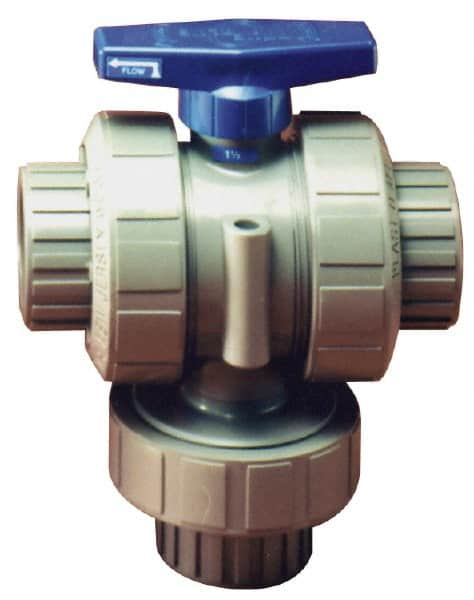 Plast-O-Matic - 3/4" Pipe, CPVC True Union Design Ball Valve - Three Way, FNPT x FNPT x FNPT Ends, Tee Handle, 175 WOG - Americas Industrial Supply