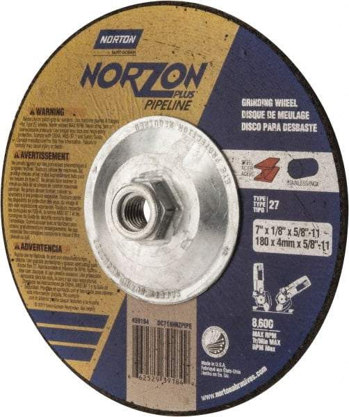 Norton - 30 Grit, 7" Wheel Diam, 1/8" Wheel Thickness, Type 27 Depressed Center Wheel - Ceramic, 8,600 Max RPM, Compatible with Angle Grinder - Americas Industrial Supply