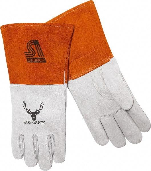Steiner - Size L Cotton Lined Deerskin Welding Glove - 14" OAL, Gauntlet Cuff, Thumb Strap, For MIG - Americas Industrial Supply