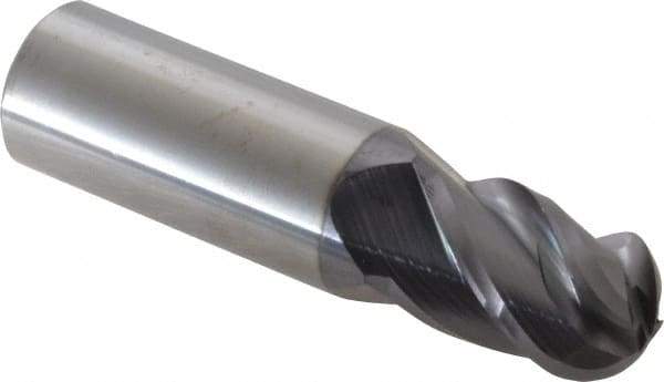 Accupro - 11/16" Diam, 1" LOC, 4 Flute Solid Carbide Ball End Mill - AlTiN Finish, Single End, 3" OAL, 3/4" Shank Diam, Spiral Flute - Americas Industrial Supply