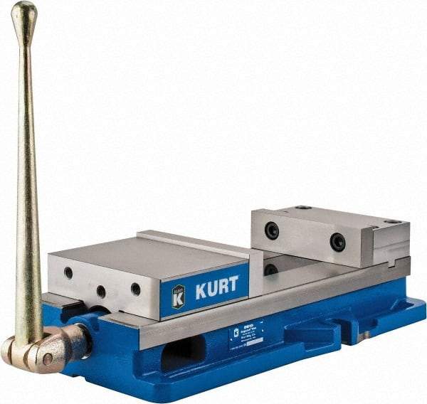 Kurt - 8" Jaw Width, 10" Jaw Opening Capacity, Horizontal Stationary Machine Vise - Manual Operation, 11,596 Lb Capacity, 1 Station, 24.185" Long x 5.51" High x 2-13/64" Deep, 2.2" Jaw Height, 80,000 psi Max Clamp Force, Ductile Iron - Americas Industrial Supply