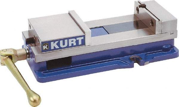 Kurt - 10" Jaw Width, 9-3/4" Jaw Opening Capacity, Horizontal Stationary Machine Vise - Manual Operation, 26,277 Lb Capacity, 1 Station, 29.19" Long x 6-13/16" High x 2-15/16" Deep, 2-1/2" Jaw Height, 80,000 psi Max Clamp Force, Ductile Iron - Americas Industrial Supply