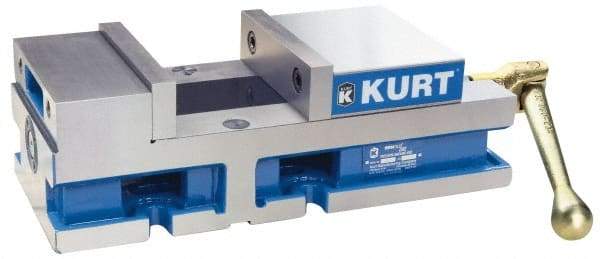 Kurt - 6" Jaw Width, 4" Jaw Opening Capacity, Horizontal Stationary Machine Vise - Reverse Manual Operation, 6,356 Lb Capacity, 1 Station, 14.88" Long x 4.6720" High x 1-31/64" Deep, 1.735" Jaw Height, 80 Lb Max Clamp Force - Americas Industrial Supply