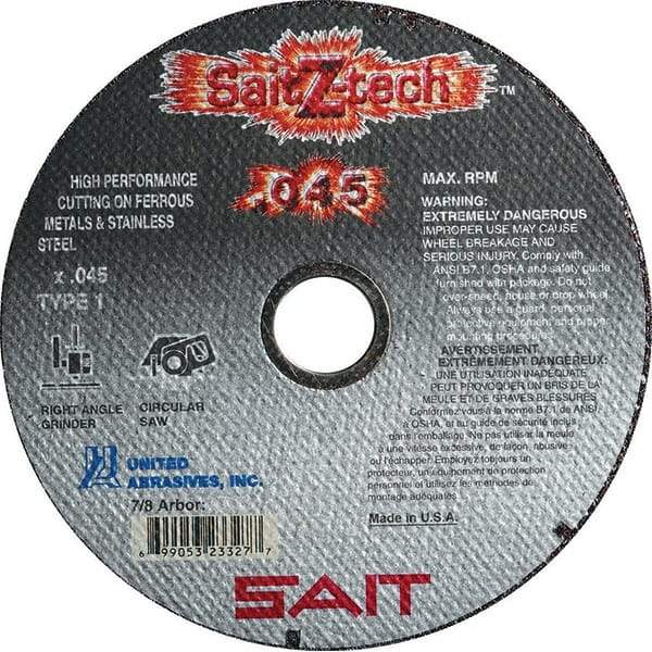 Sait - 5" Zirconia Alumina Cutoff Wheel - 0.045" Thick, 7/8" Arbor, 12,200 Max RPM, Use with Angle Grinders - Americas Industrial Supply