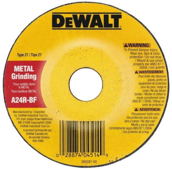 DeWALT - 24 Grit, 7" Wheel Diam, 1/8" Wheel Thickness, Type 27 Depressed Center Wheel - Zirconia Alumina, R Hardness, 8,700 Max RPM, Compatible with Angle Grinder - Americas Industrial Supply