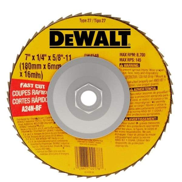 DeWALT - 24 Grit, 7" Wheel Diam, 1/4" Wheel Thickness, Type 27 Depressed Center Wheel - Aluminum Oxide, R Hardness, 8,700 Max RPM, Compatible with Angle Grinder - Americas Industrial Supply
