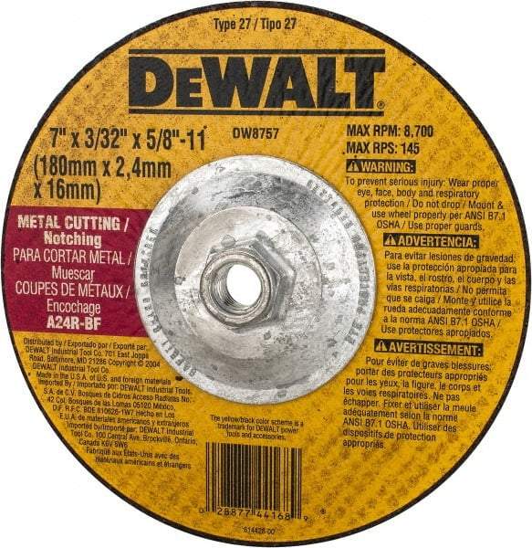 DeWALT - 24 Grit, 7" Wheel Diam, 3/32" Wheel Thickness, Type 27 Depressed Center Wheel - Aluminum Oxide, R Hardness, 8,700 Max RPM, Compatible with Angle Grinder - Americas Industrial Supply
