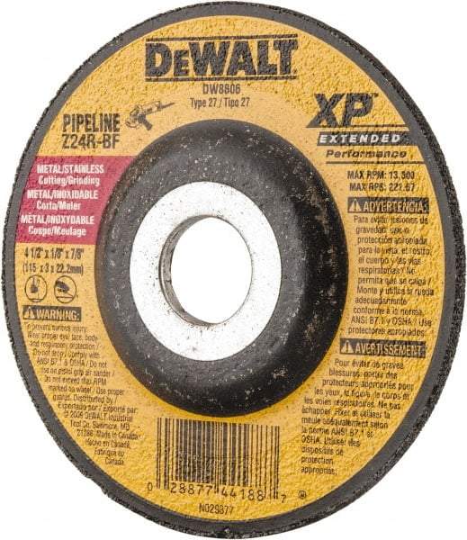 DeWALT - 24 Grit, 4-1/2" Wheel Diam, 1/8" Wheel Thickness, 7/8" Arbor Hole, Type 27 Depressed Center Wheel - Zirconia Alumina, R Hardness, 13,300 Max RPM, Compatible with Angle Grinder - Americas Industrial Supply