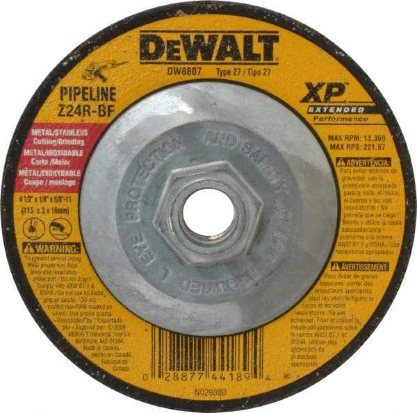 DeWALT - 24 Grit, 4-1/2" Wheel Diam, 1/8" Wheel Thickness, Type 27 Depressed Center Wheel - Zirconia Alumina, R Hardness, 13,300 Max RPM, Compatible with Angle Grinder - Americas Industrial Supply