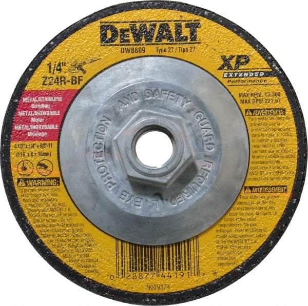 DeWALT - 24 Grit, 4-1/2" Wheel Diam, 1/4" Wheel Thickness, Type 27 Depressed Center Wheel - Zirconia Alumina, R Hardness, 13,300 Max RPM, Compatible with Angle Grinder - Americas Industrial Supply